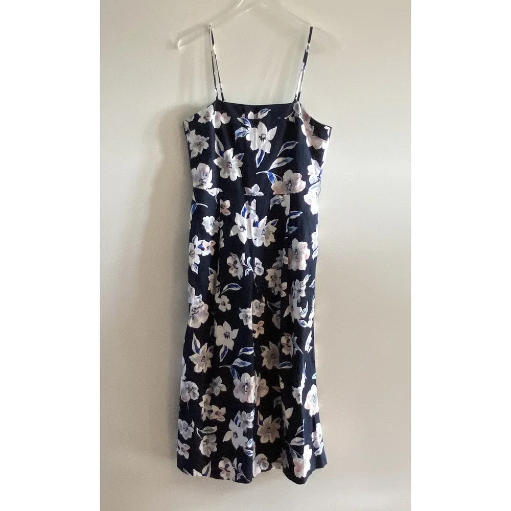 Banana Republic Navy Floral Linen Strappy Wide Leg Cropped Jumpsuit 6 426580-00